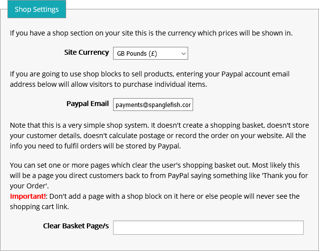 Screenshot of Paypal Shop Settings