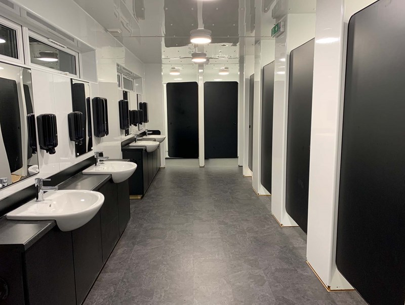 Toilet cubicles and socially distanced sinks