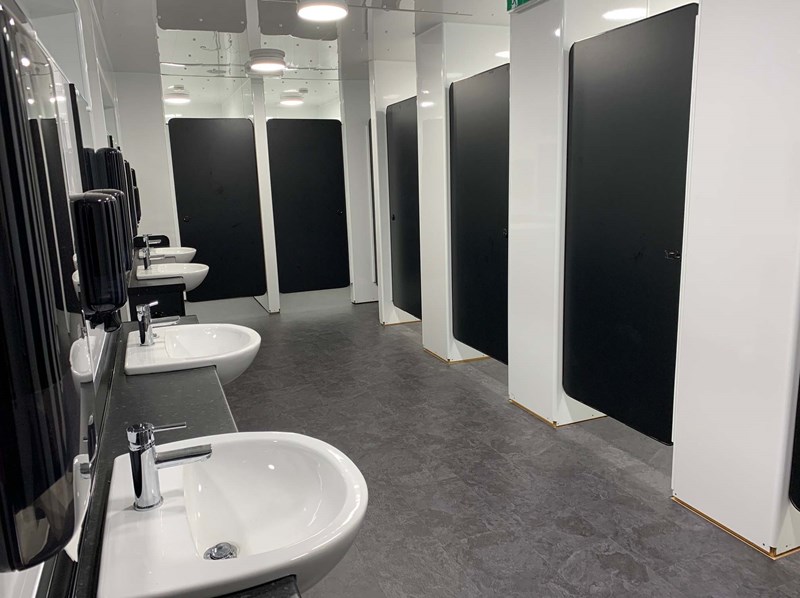 Toilet cubicles and socially distanced sinks