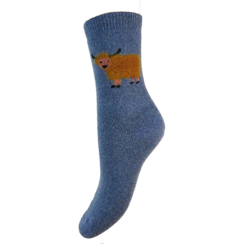 Blue fluffy highland cow socks
