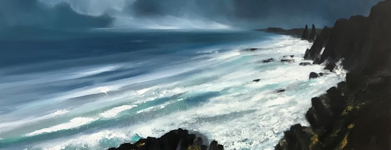 Wild day at Duncansby head, oil on canvas 100x40cm SOLD 