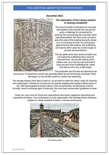 📰🗞️ December 2023 Issue Leighton Library Restoration News now being sent to Friends of Dunblane's historic Leighton Library