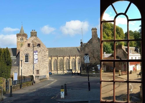 Through the arched window of the Leighton Library you can see the Olympic Gold Postbox of tennis ace Andy Murray