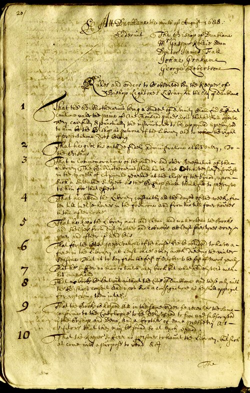 When it first opened, Bishop Douglas drew up rules for the Keeper of the Leighton Library