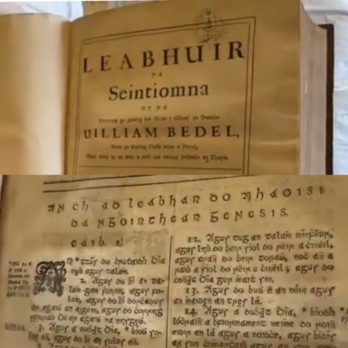 Leighton Library has 1685 first published edition of the entire Bible translated into the Irish language