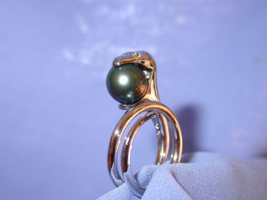 18ct White Gold, Tahitian Pearl  and Yellow Sapphire Snake Ring