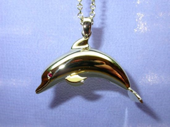 18ct Yellow Gold and Ruby, Dolphin Pendant.