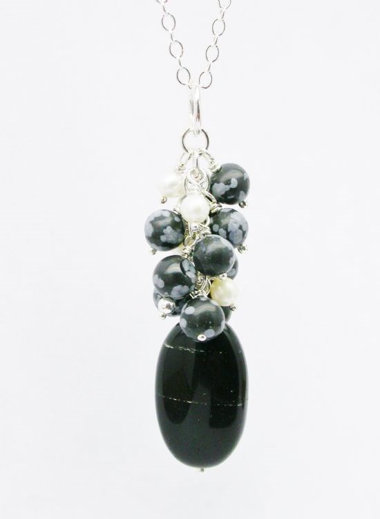 Obsidian and Pearl Drop Bead Pendant