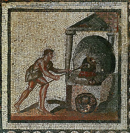A Roman mosaic depicting putting bread into an oven