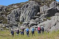 WGS members admire the impressive fanned columnar calling joints in welded ignimbrite of the Stickle Pike Member, Lickle Formation
