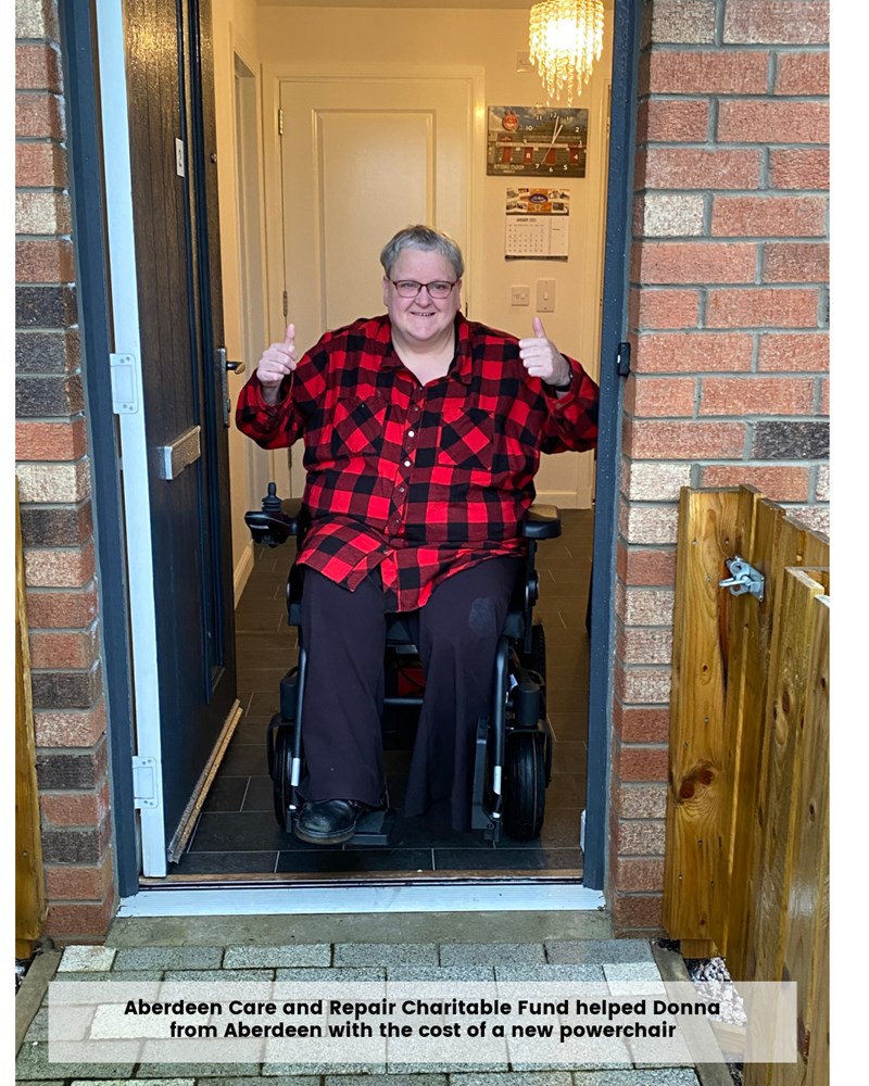 Picture of Donna from Aberdeen with her new powerchair part funded by Aberdeen Care and Repair