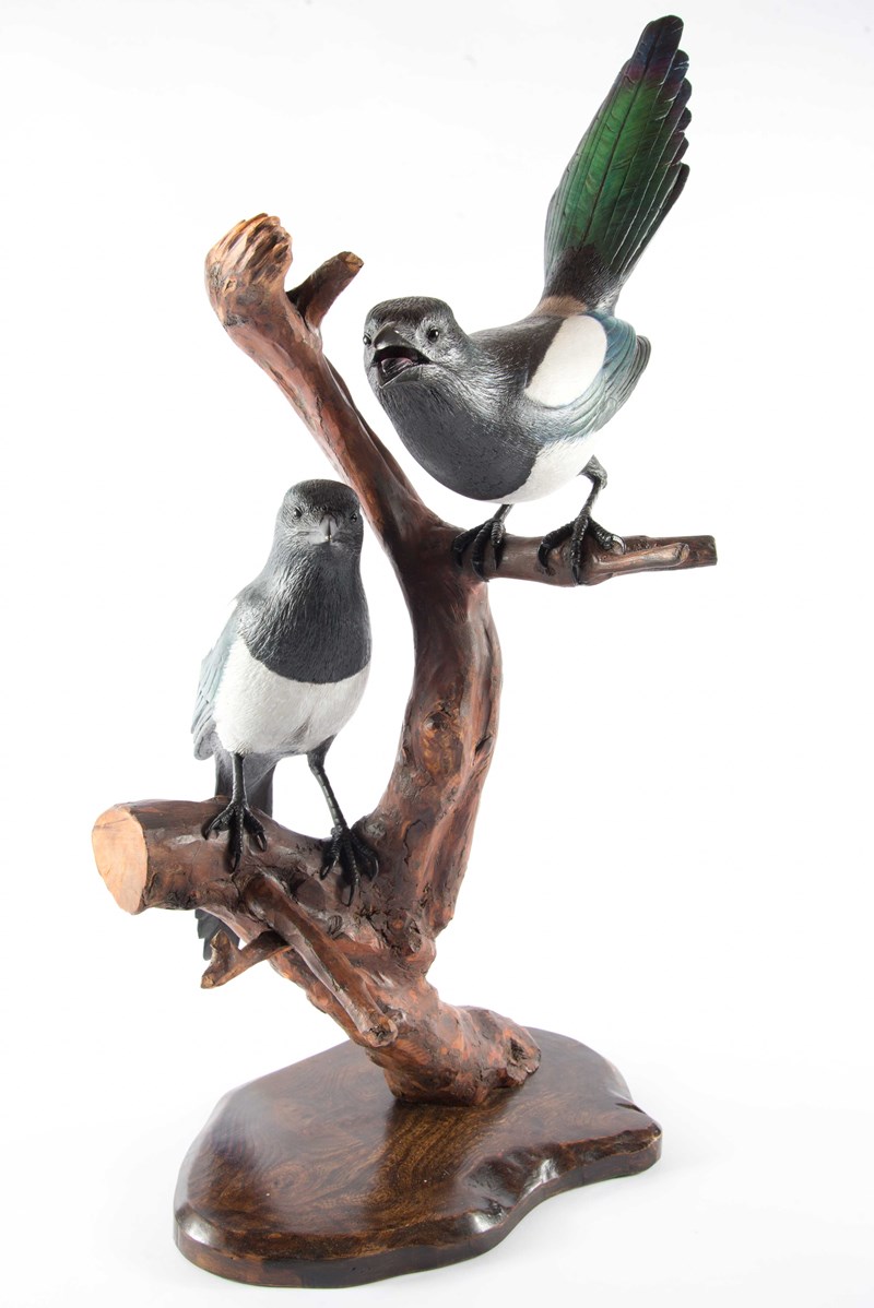 Two Magpies, Hawthorn on elm base by Jack Crewdson