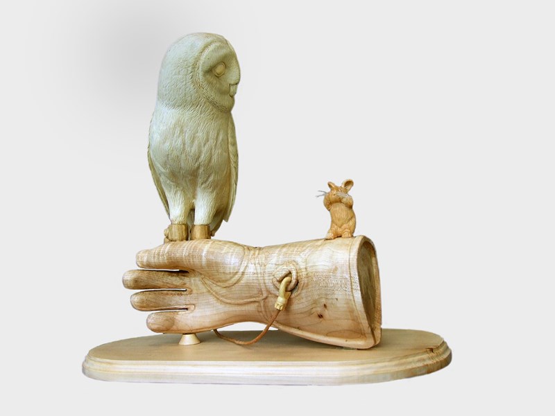 Owl and mouse, full size, by Alex Garfield, First Intermediate Interpretive Wood Sculptures 