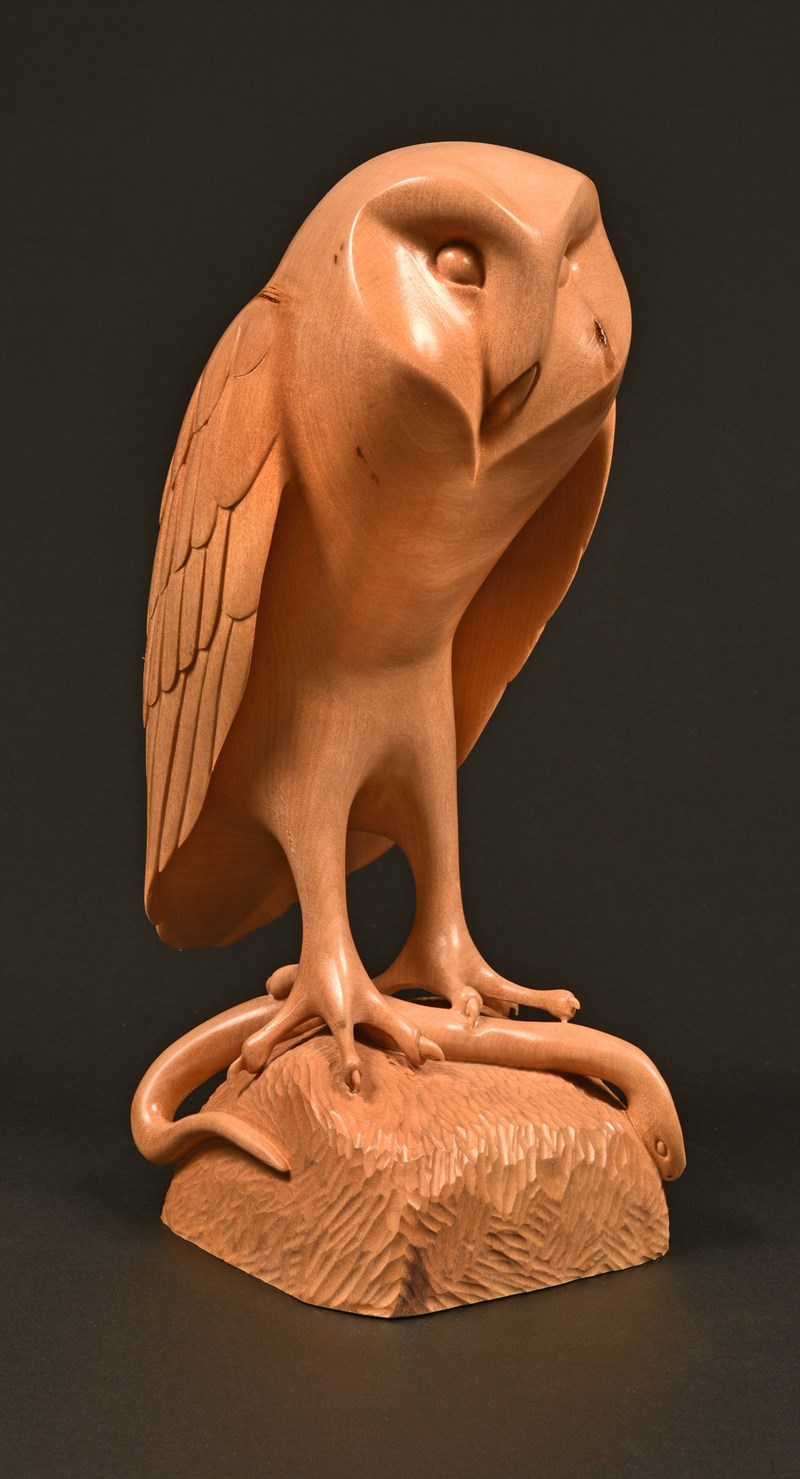 Barn Owl with prey, carved from a single block by Danny Whelan, 1st