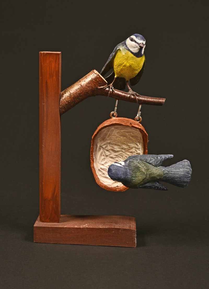 Pair of Blue Tits on a half coconut by Peter Spiers, Bronze
