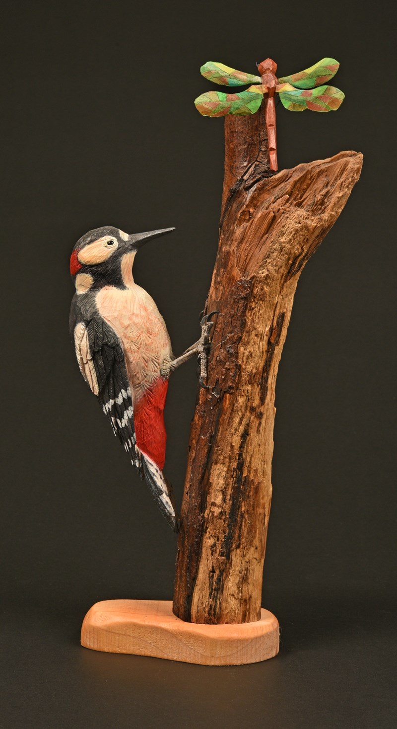Greater Spotted Woodpecker and Dragonfly on a tree by Peter Spiers, Bronze