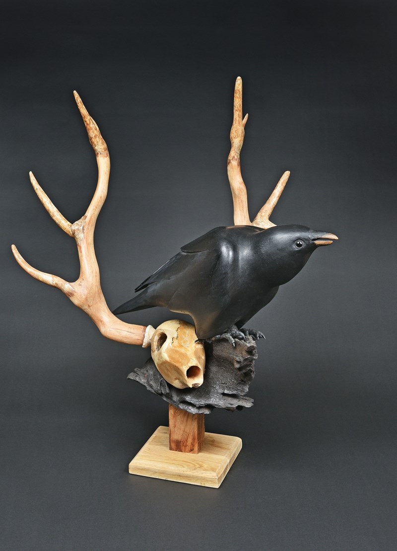 Raven with a carved deer antlers base by Owen Wignall