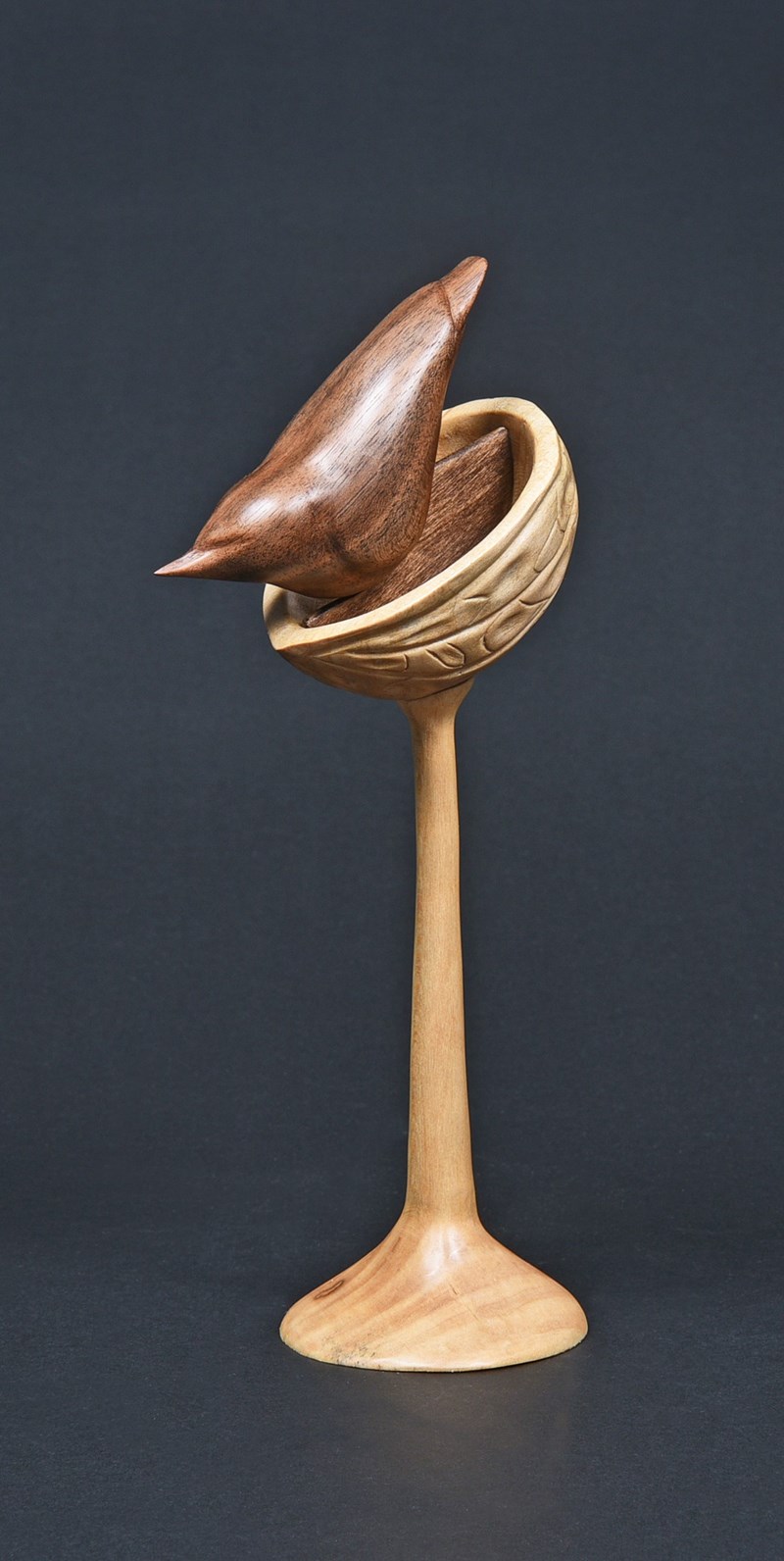 Nuthatch in English Walnut emerging from walnut shell by Sue Yates, Gold & Best Novice