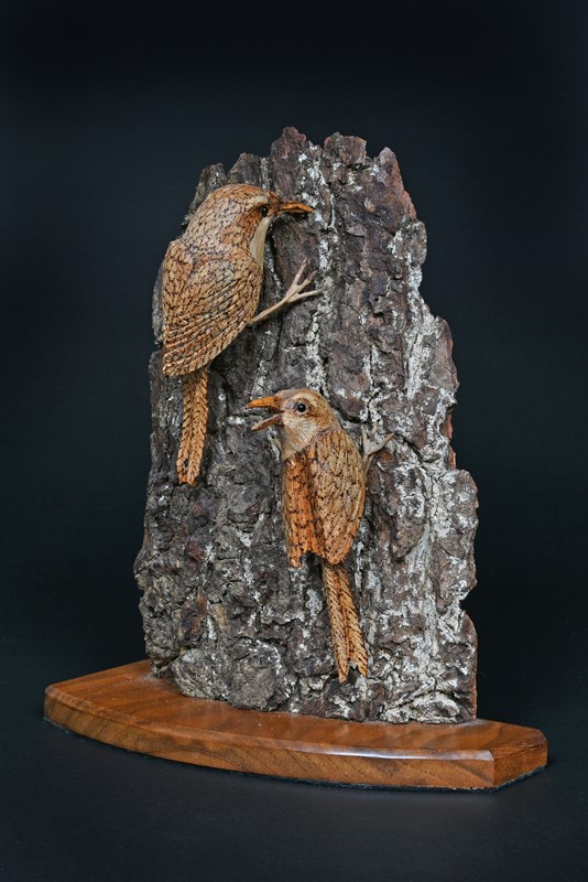 Pair of pyrographed Treecreepers on bark by Carol Davies, Gold