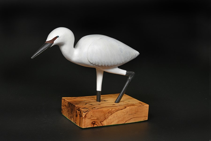 Little Egret in beech by Richard Cooper, Bronze