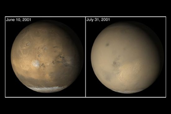 A dust storm rages across the face of Mars