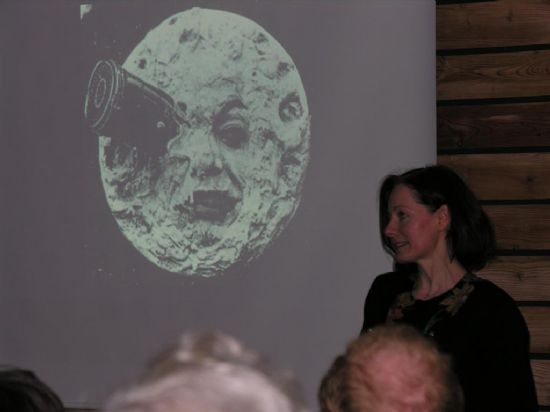 Pauline Macrae introduces Prof. Brown's talk - with the latest state of the art lunar image captured by the Society's telescope as a backdrop!