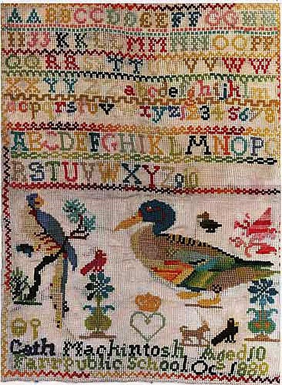 Tapestry with letters of the alphabet and a duck along with a name, age and date.