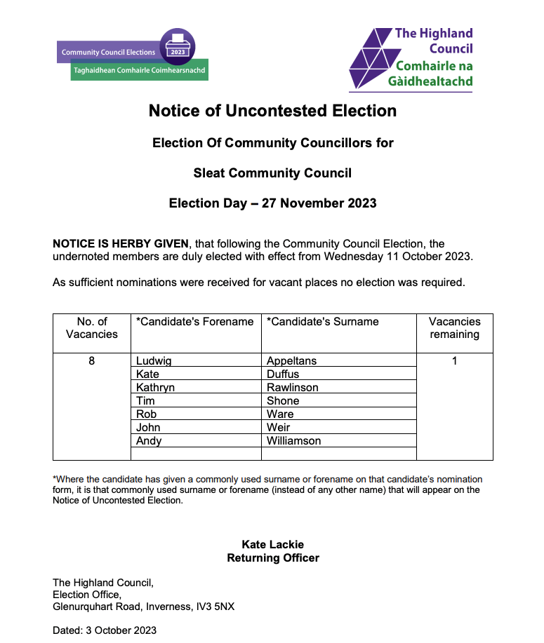 Notice of uncontested election showing 7 nominated councillors.
