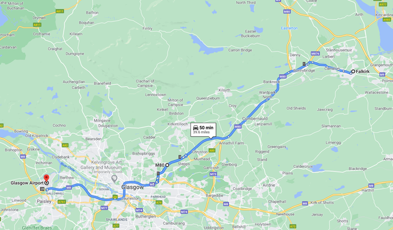 Falkirk to Glasgow Airport Route Map