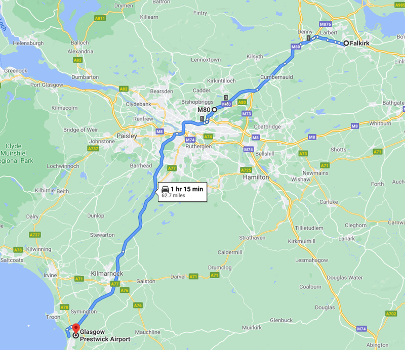Falkirk to Prestwick Airport Route Map