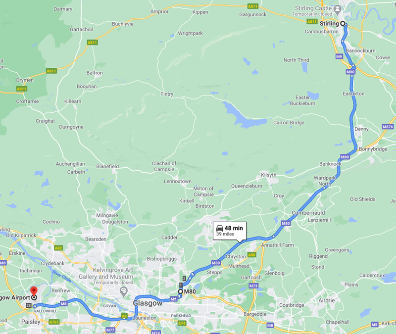 Stirling to Glasgow Airport Route Map