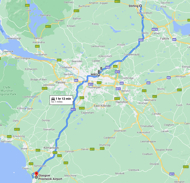 Stirling to Prestwick Airport Route Map