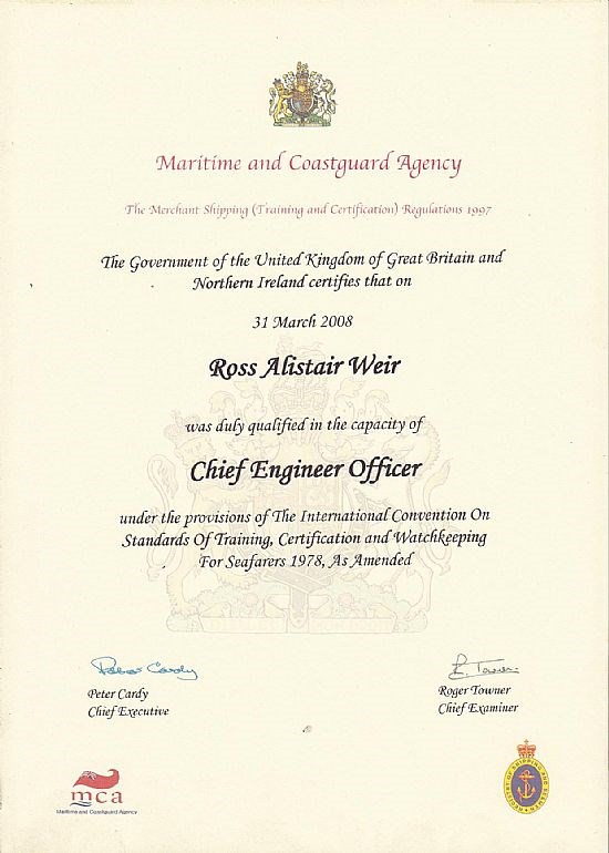 Ross Weir Merchant Shipping Training Certificate