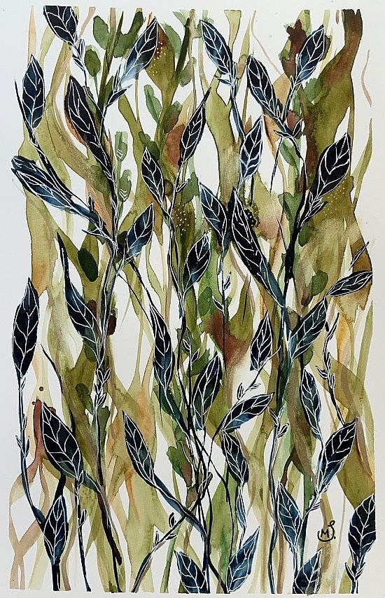 Flowing blue leaves botanical abstract