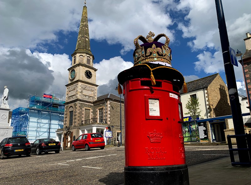 Knitted Crown on the Market Place Postbox, to mark King Charles III's Coronation, May