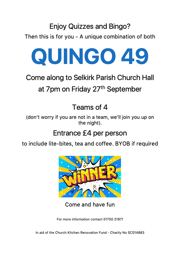 Parish Church Quingo (was 27 Sept) Postponed till Spring. See Calendar