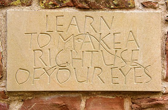 Stone engraving of Miller's maxim - 'make a right use of your eyes'
