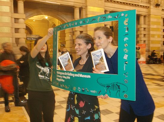 Photo of Friends with book, Conversations in Stone at the Dippy Exhibition, Glasgow 1019