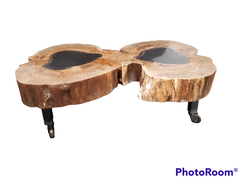Double disc elm coffee table with resin centre, steel legs on castors £695