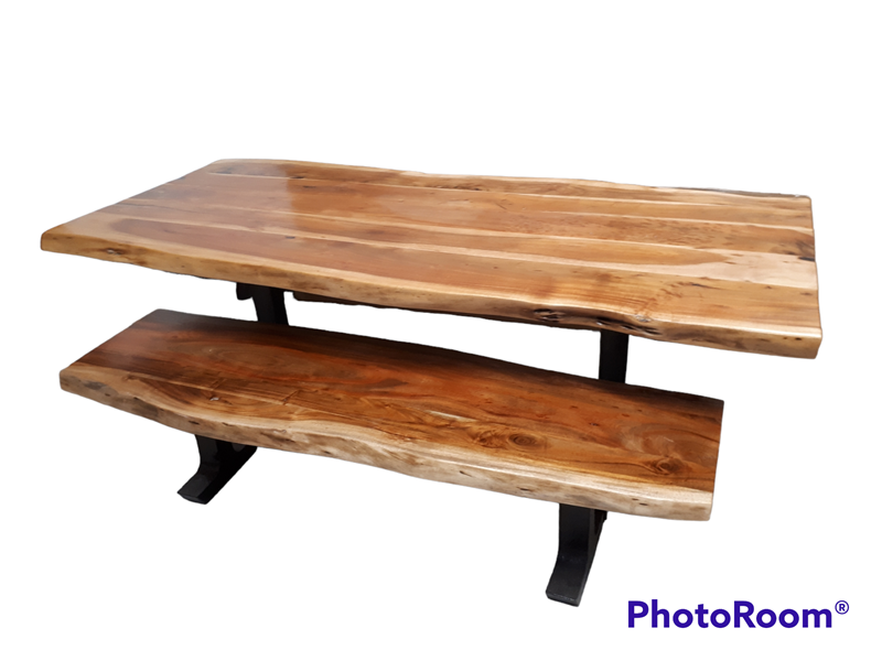 7' Mahogany/walnut table and bench on steel legs £1895