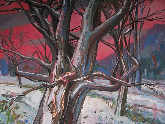 Tree set against now covered landscape and dramatic red sky, Alan Watson, All rights reserved, 2012.