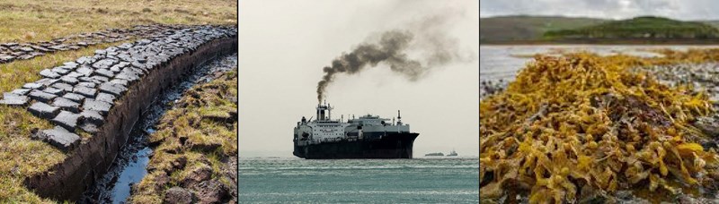 A peat stack, a ship belching fumes, seaweed