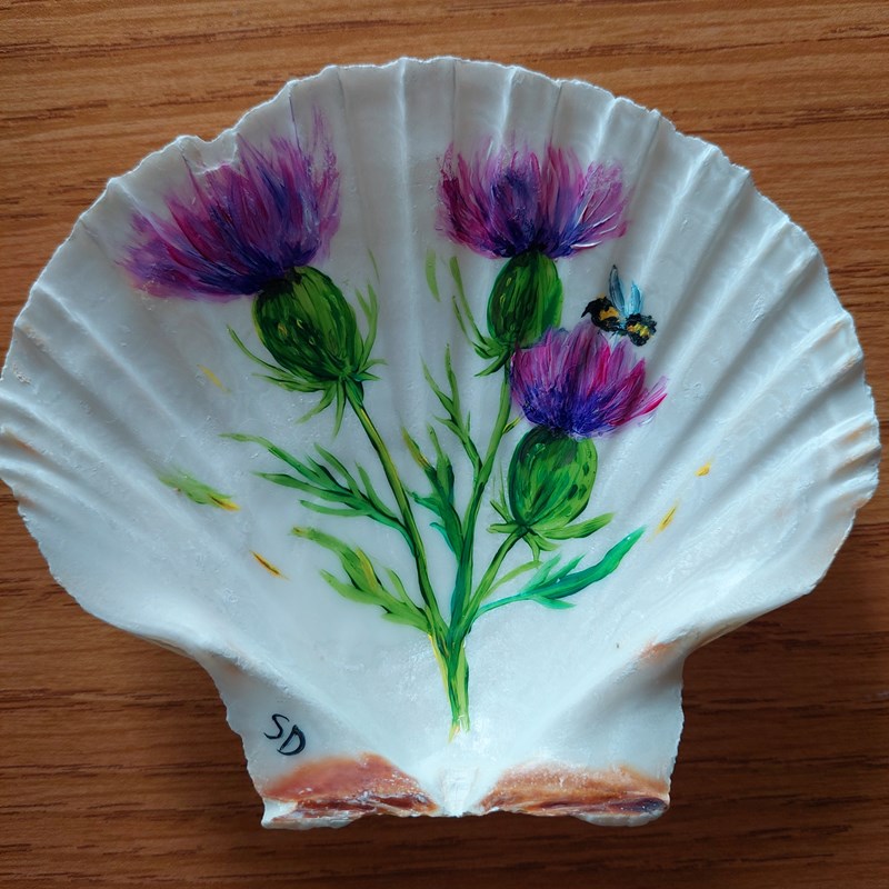 Hand Painted Shell, Thistles