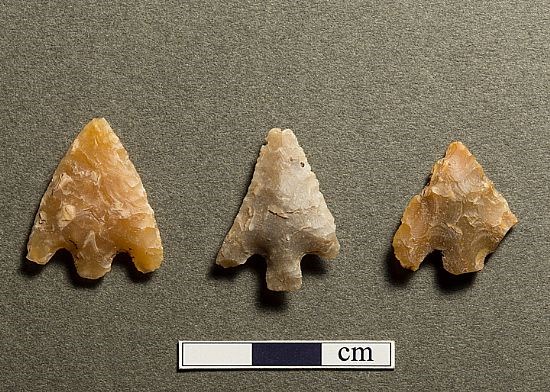 Three Bronze Age barbed and tanged flint arrowheads