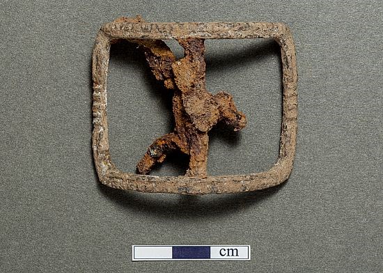 Copper alloy shoe buckle with iron spindle and spikes – 18th century
