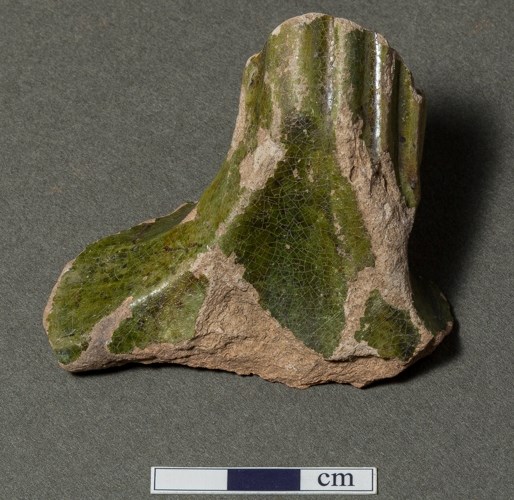 Part of the handle of  a whiteware medieval jug with green glaze, possibly from Yorkshire