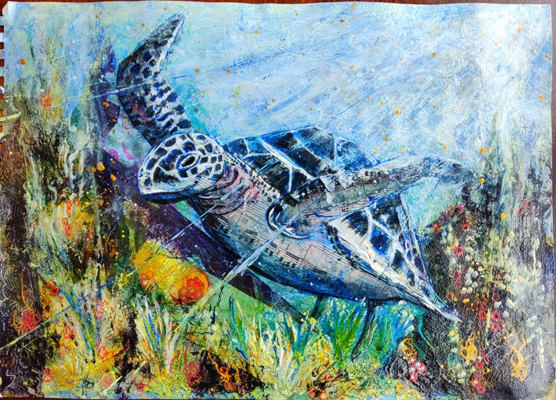 A painting of a sea turtleDescription automatically generated