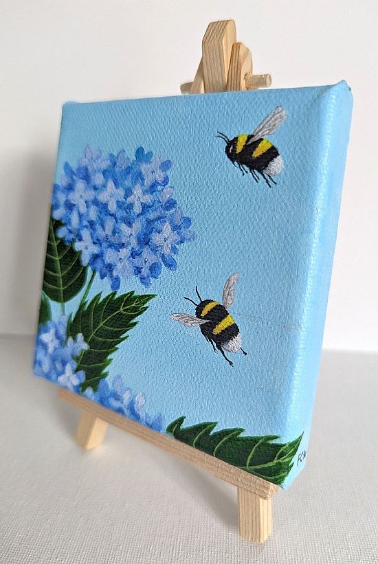 Bumblebees and Blue Hydrangea on Easel Stand