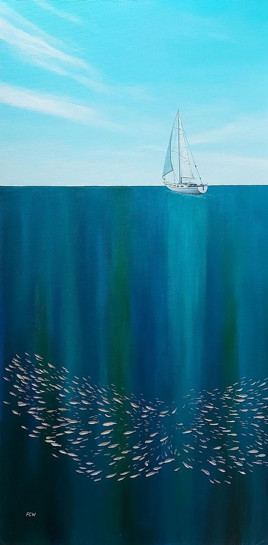 Fish Shoal and White Yacht