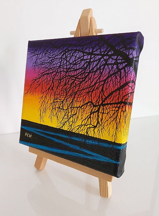 Purple Sunset Trees on Easel Stand